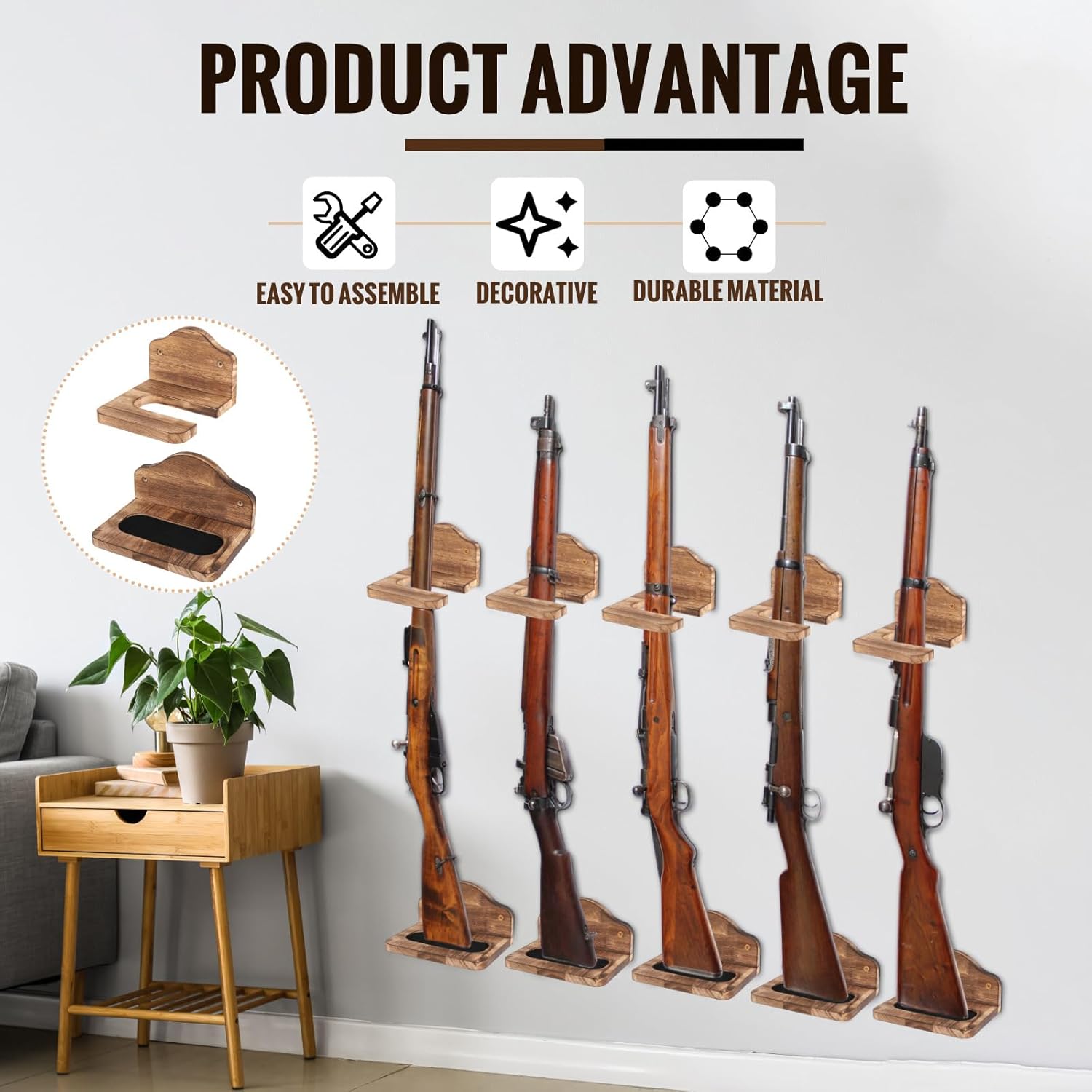GlikCeil Vertical Gun Rack Hardwood Gun Rack Holder Wall Mount Wooden Hooks Hangers for Wall for Rifles Shotguns Bows Display Storage