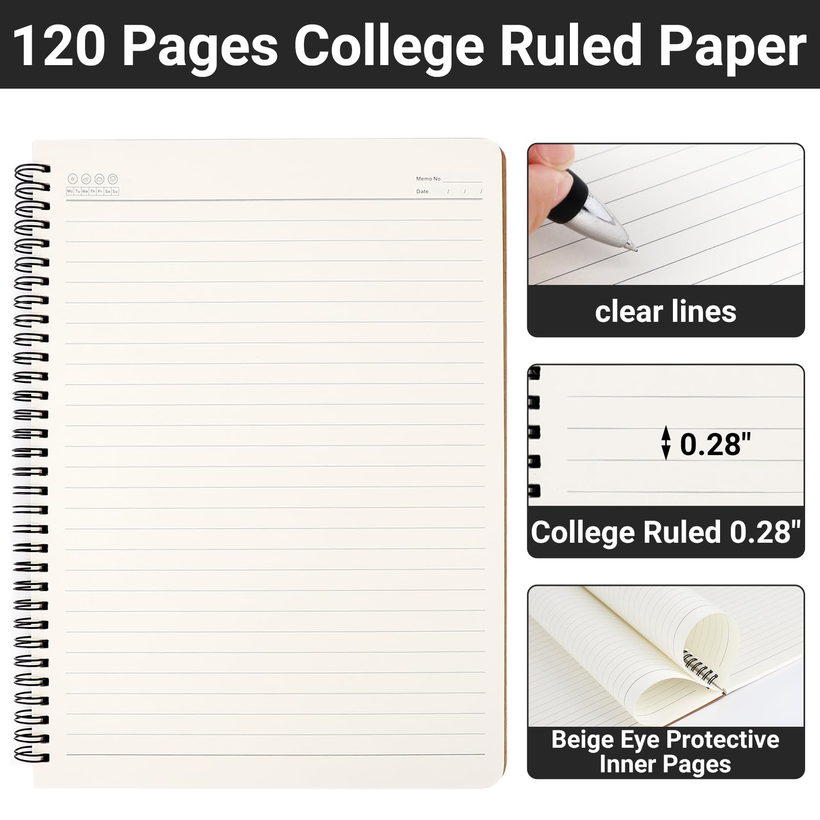 EUSOAR Quaderno a righe con copertina rigida, formato A4, 3 confezioni da 21,6 x 27,9 cm, 120 pagine a righe in carta kraft, quaderni a righe per college, quaderni per appunti, appunti, schizzi,