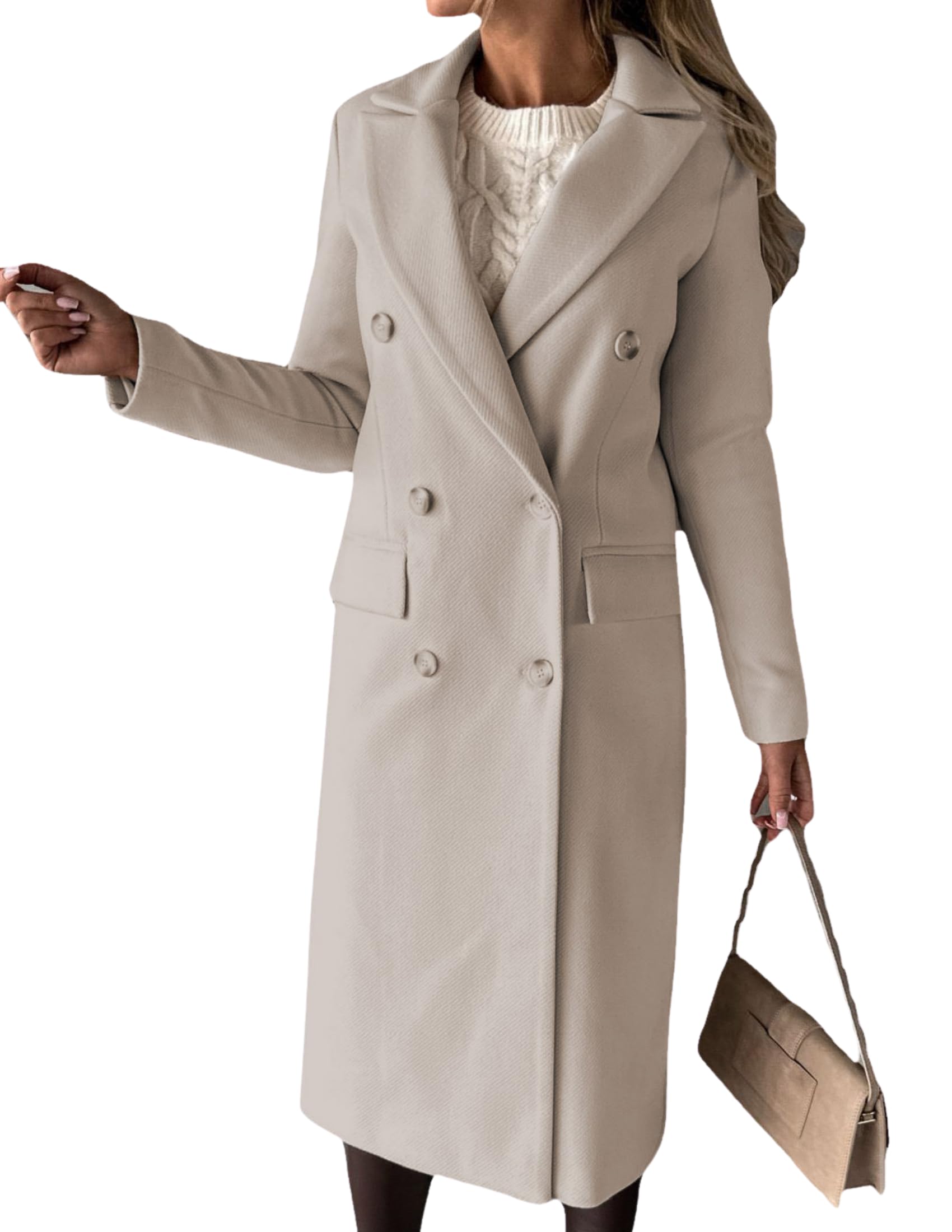 LIZALIG Womens Long Wool Double Breasted Coat - Elegant Fall Winter Peacoat Trench Style Outerwear for Daily Wear