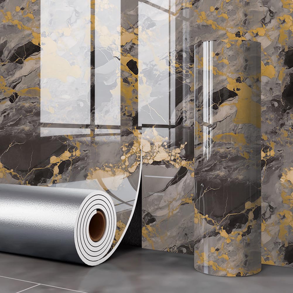 40x300cm Glossy Marble Peel and Stick Wallpaper,Waterproof Wall Sticker Waterproof Self-Adhesive Vinyl Wallpaper for Kitchen Bathroom Worktop (Grey1)