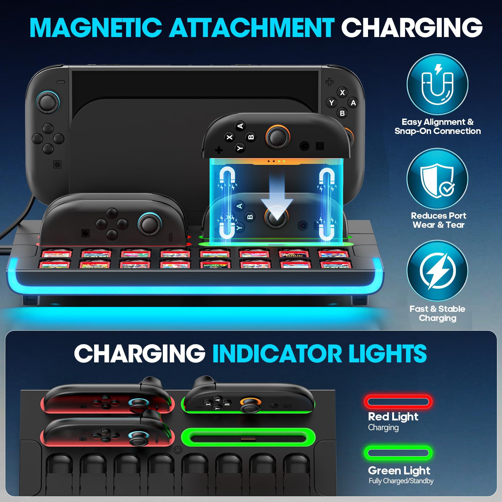 Estación de Organización para Switch 2 2025 Consola & Mando , Rápida Magnética Base de Carga para Joy-Con 2 con 9 Modos RGB, Dock de Almacenamiento para Switch 2 Accesorios para 16 Tarjetas de Juego
