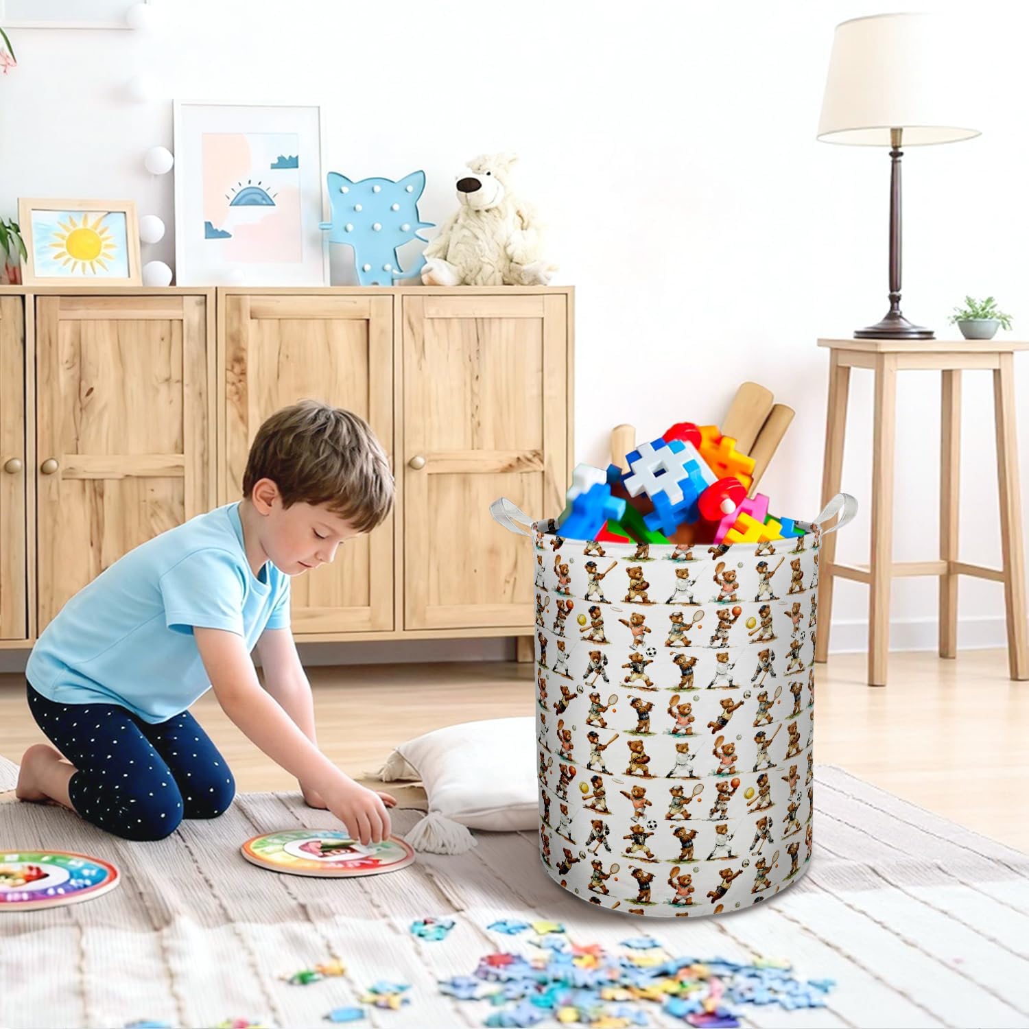 Sports Bear Nursery Laundry Basket Hamper, Sports Decor for Boys Bedroom, Cute Bear Player Foldable Clothes Toys Books Storage Box Bins Baskets Organizer for Kids Boys Room Playroom