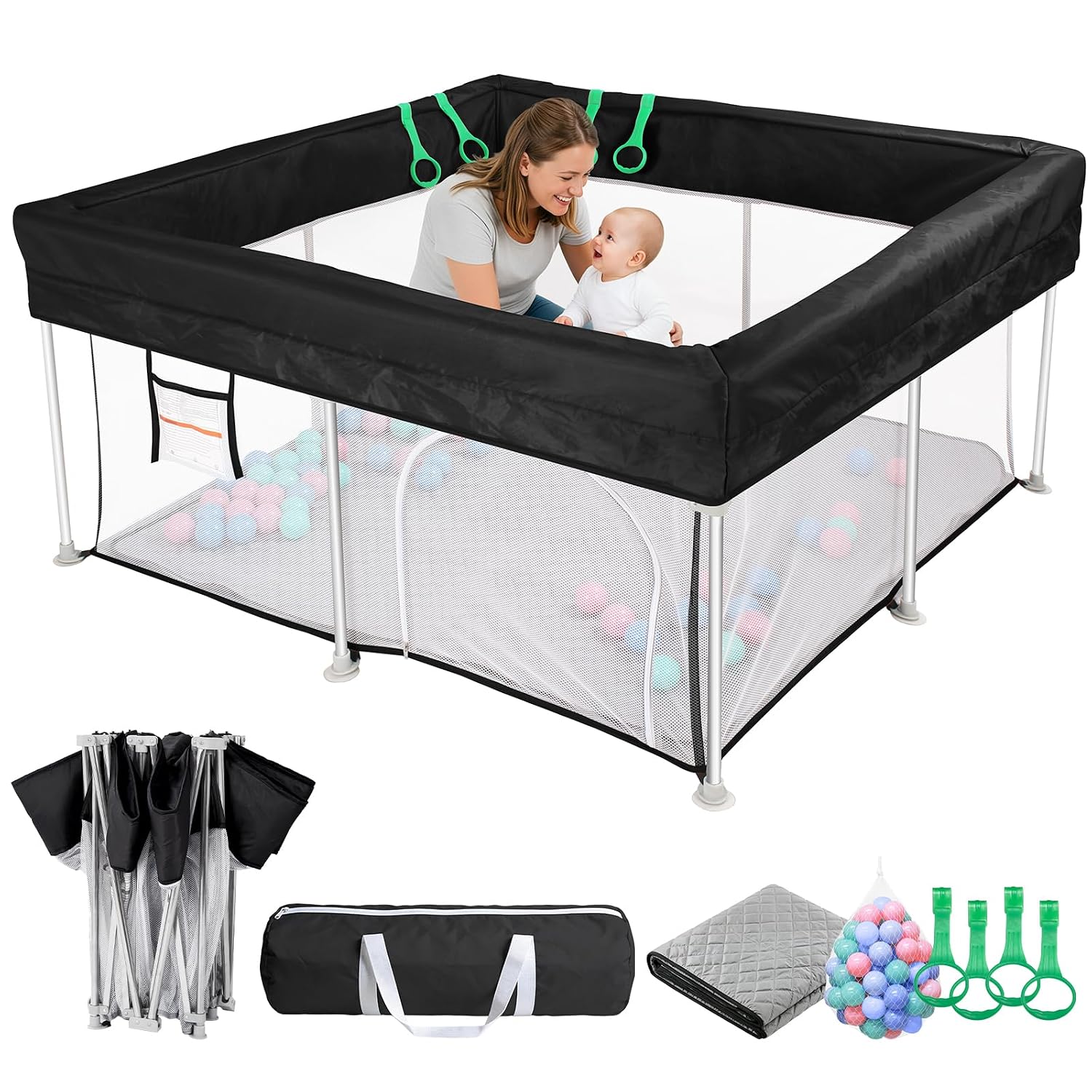 Foldable Baby Playpen with Mat, 50x50 in, Black