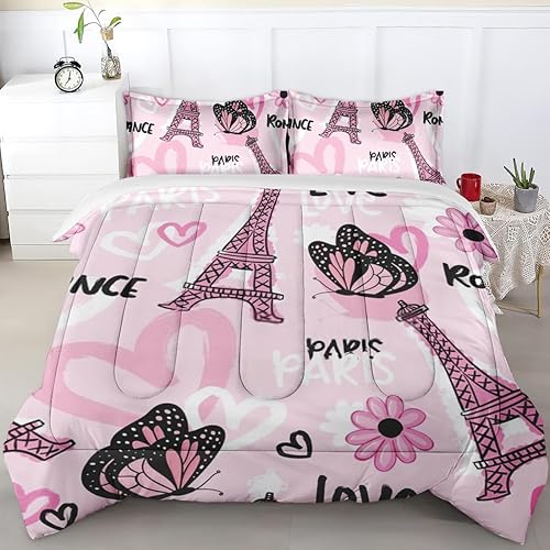 Juego de edredón tamaño individual, juego de ropa de cama de mariposa de la Torre Eiffel de París para niños y adultos, decoración de dormitorio,