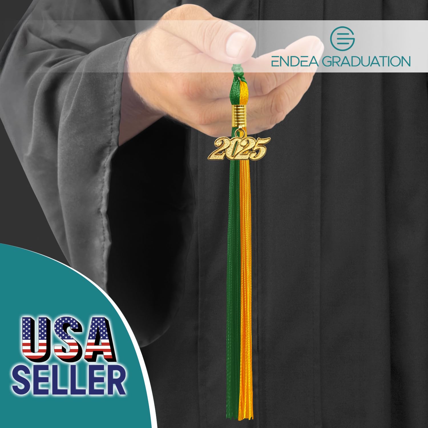 Endea Graduation Double Color Tassel with Gold Date Drop (Green/Bright Gold, 2025)