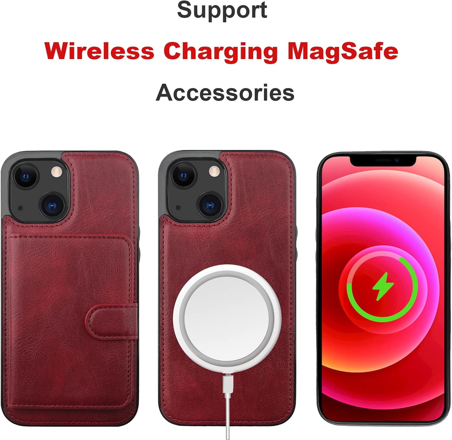 Bocasal Wallet Case for iPhone 13 Compatible with MagSafe Magnetic RFID Blocking Detachable Premium PU Leather Flip Case with Card Slots Holder Kickstand Wireless Charging 6.1 Inch Wine Red