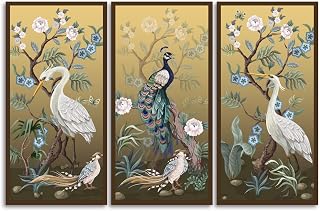 BELISIIS Folding screen in chinoiserie style with peacock and peonies on golden Wall Artwork Exclusive Photography Vintage Paintings Print on Canvas Home Decor Wall Art 3 Panels Framed Ready to Hang