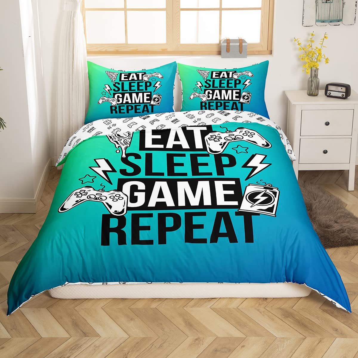 Richhome Game 02 Teens Gamer Bedding Set 3 Pieces,Video Games Flash Comforter Cover,Pizza Sketch Hip Hop Ultra Soft Duvet Cover Reversible Decor,Green Blue Gradient Double Size Quilt Cover, Multi