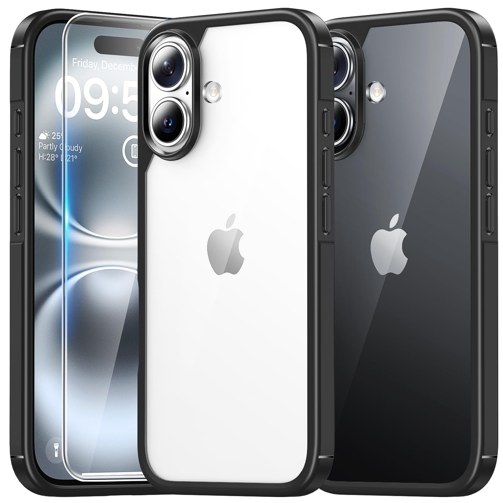 TAURI 3 in 1 Cover per iPhone 16 Plus, 1 Custodia [Anti-Giallo] + 2 Pellicole Vetro Temperato, Sottile Antishock, Anticaduta - Nero