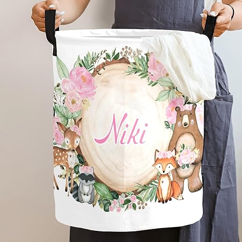 Miniatura 2 de Cesta redonda de almacenamiento con diseño de animales del bosque con diseño floral rosa, cesta de lavandería con nombre, impermeable, con asa para