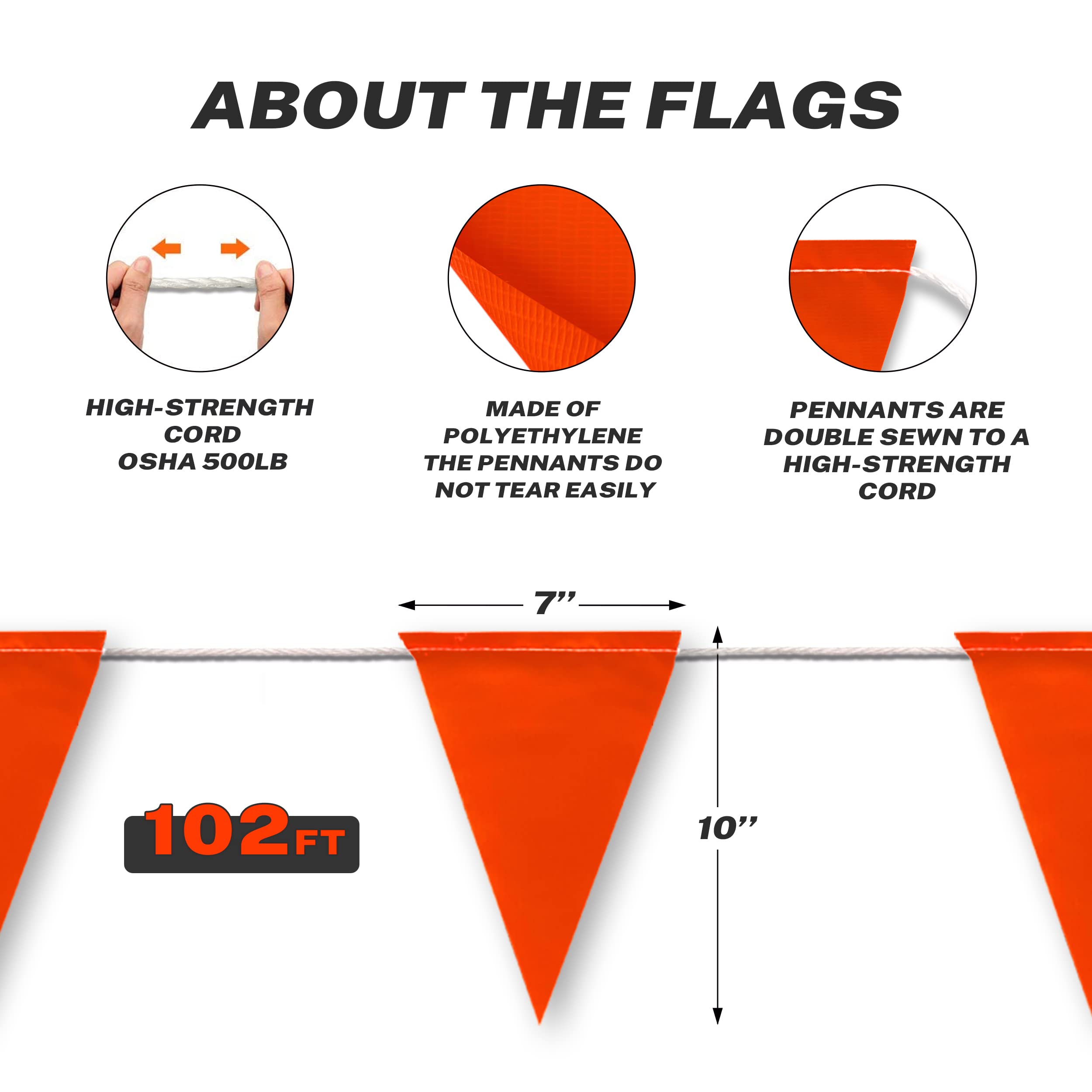 Fluorescent Orange OSHA Perimeter Marking Flags (102FT string) Warn of hazardous areas, traffic control.Marking construction sites, scaffolding, sporting events, private property. — Amazon image 5