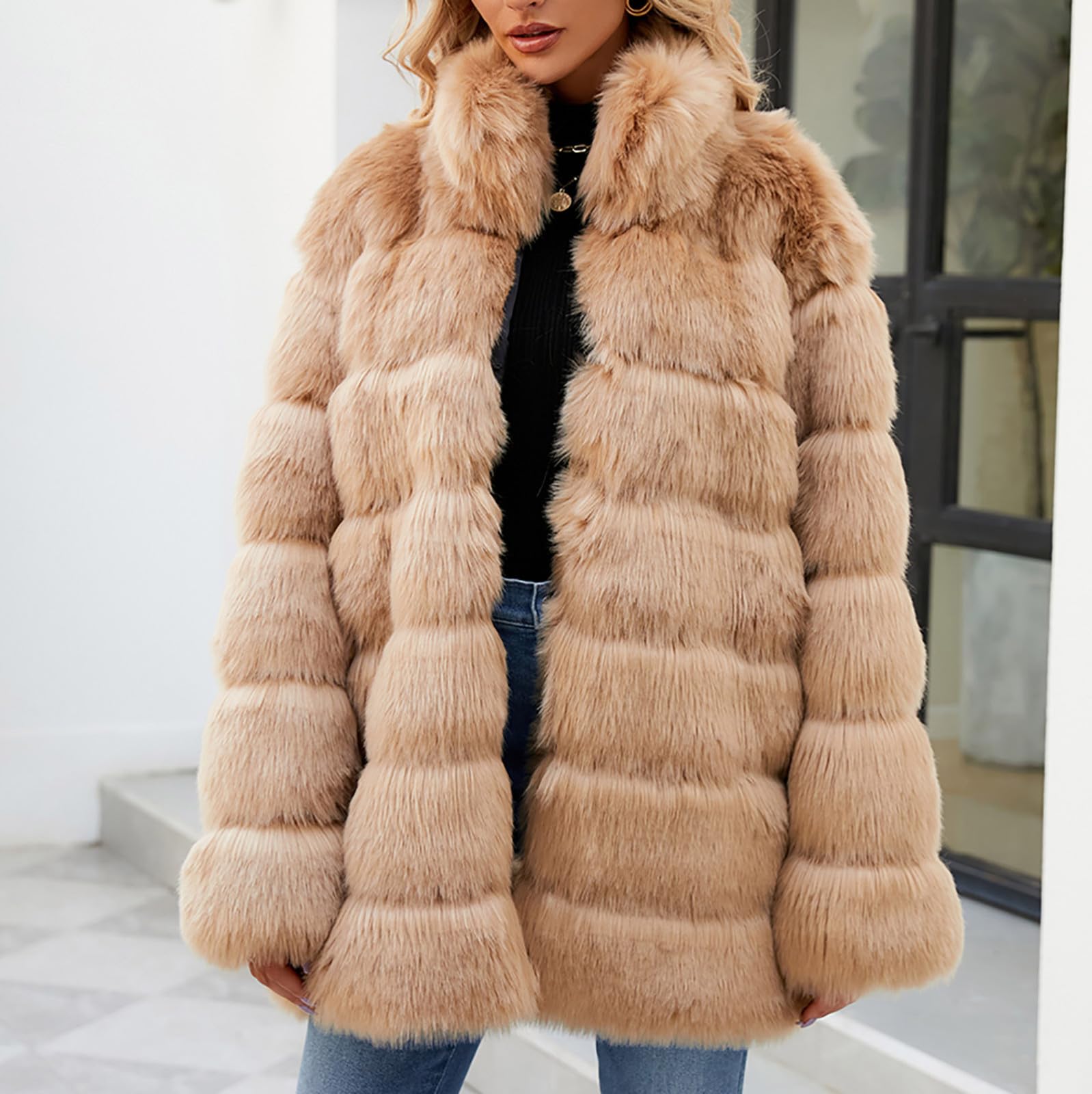Chaqueta de piel sintética para mujer, elegante abrigo de piel lisa gruesa y cálida, chaqueta de invierno de piel sintética larga, abrigo de invierno de manga larga, abrigo de invierno de tallas