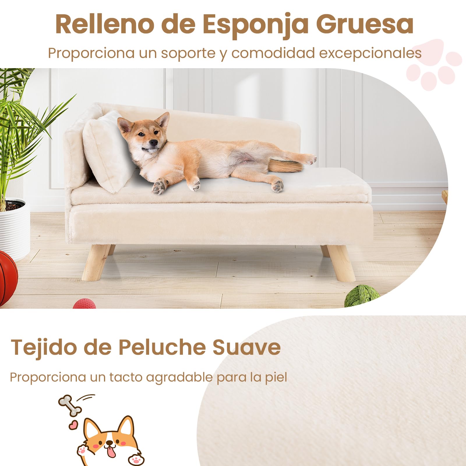 GYMAX Cama para Perros de Interior, Sofá para Mascotas con Patas de Madera de Pino Elevadas, Respaldo Alto, Cojines Desmontables, Cama Acolchada para Gatos Animales de Tamaño Mediano, Pequeño (Blanco)