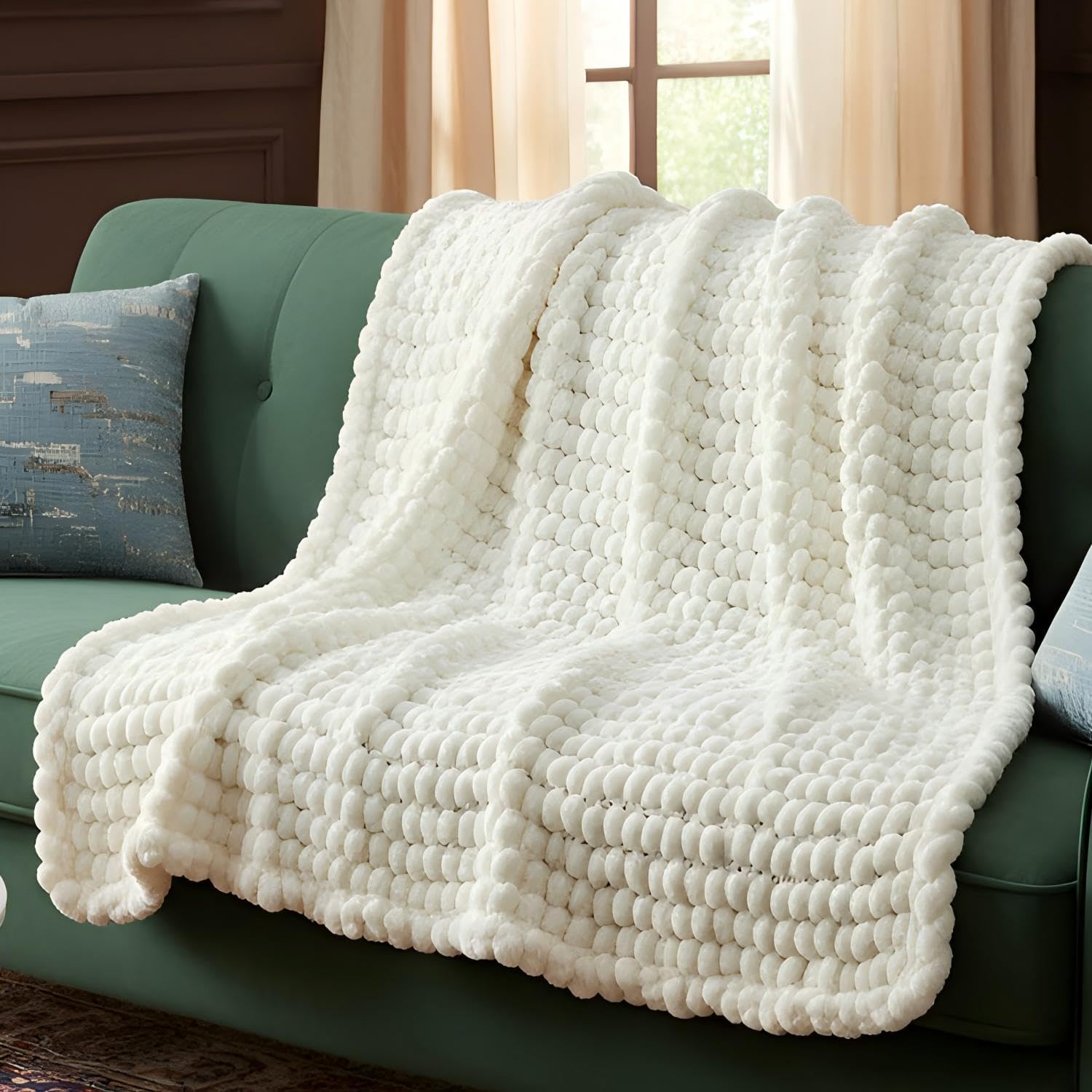 Timgle Winter Gift 8 Skeins Pom Pom Ball Yarn for Hand Knitting Crochet Blanket, Chunky Super Bulky Yarns Polyester for Crochet Soft Warm Mat Pet Nest, 130g/skein(Milky White)