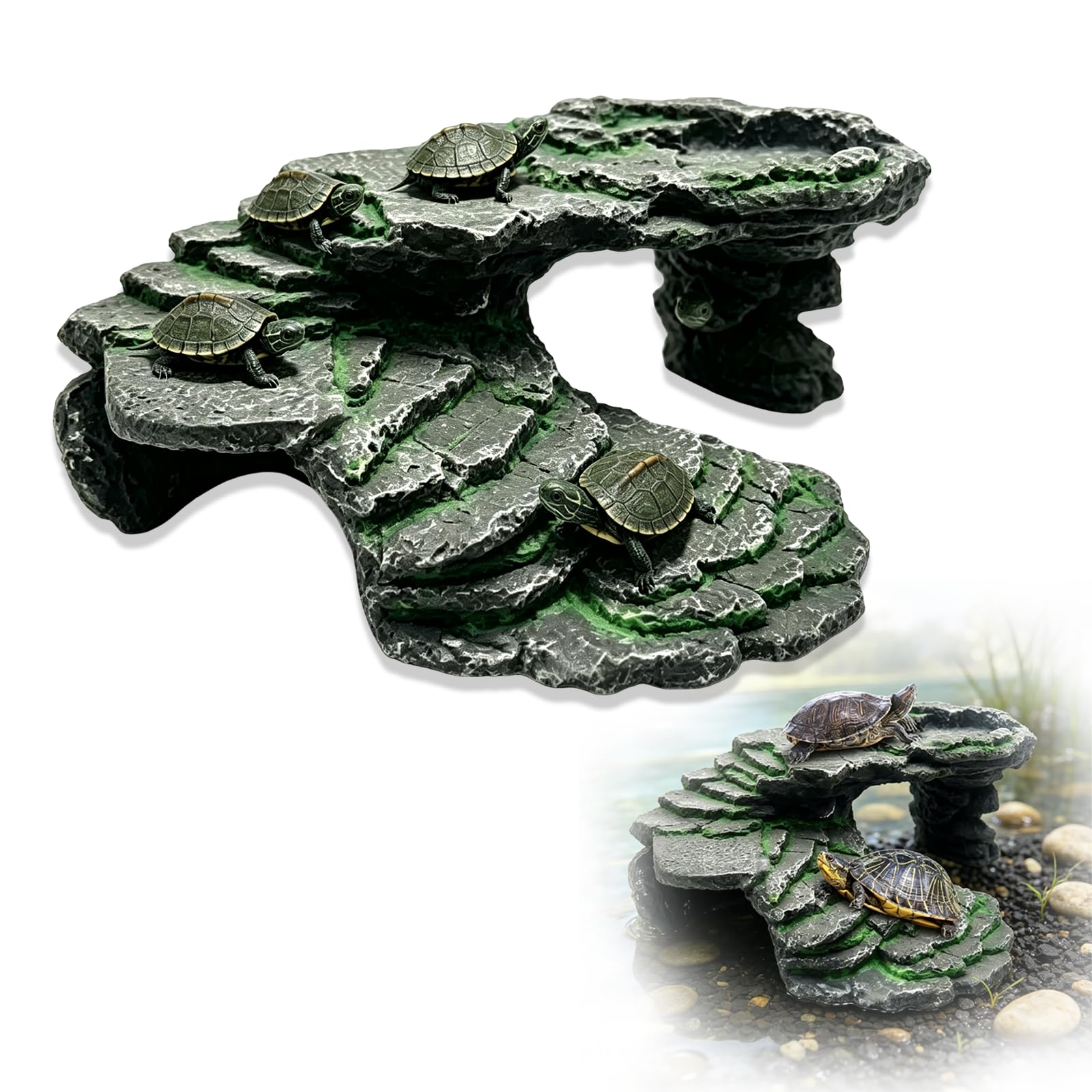 Reptile Basking Platform, Resin Tortoise Cave Hideout with Climbing Ramp