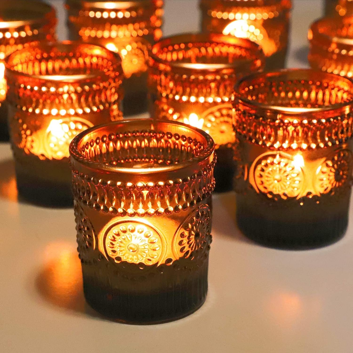 Vohocandle Brown 12Pcs Tealight Holders Glass With Sunflower Embossed(5.5Cm*6.5Cm)