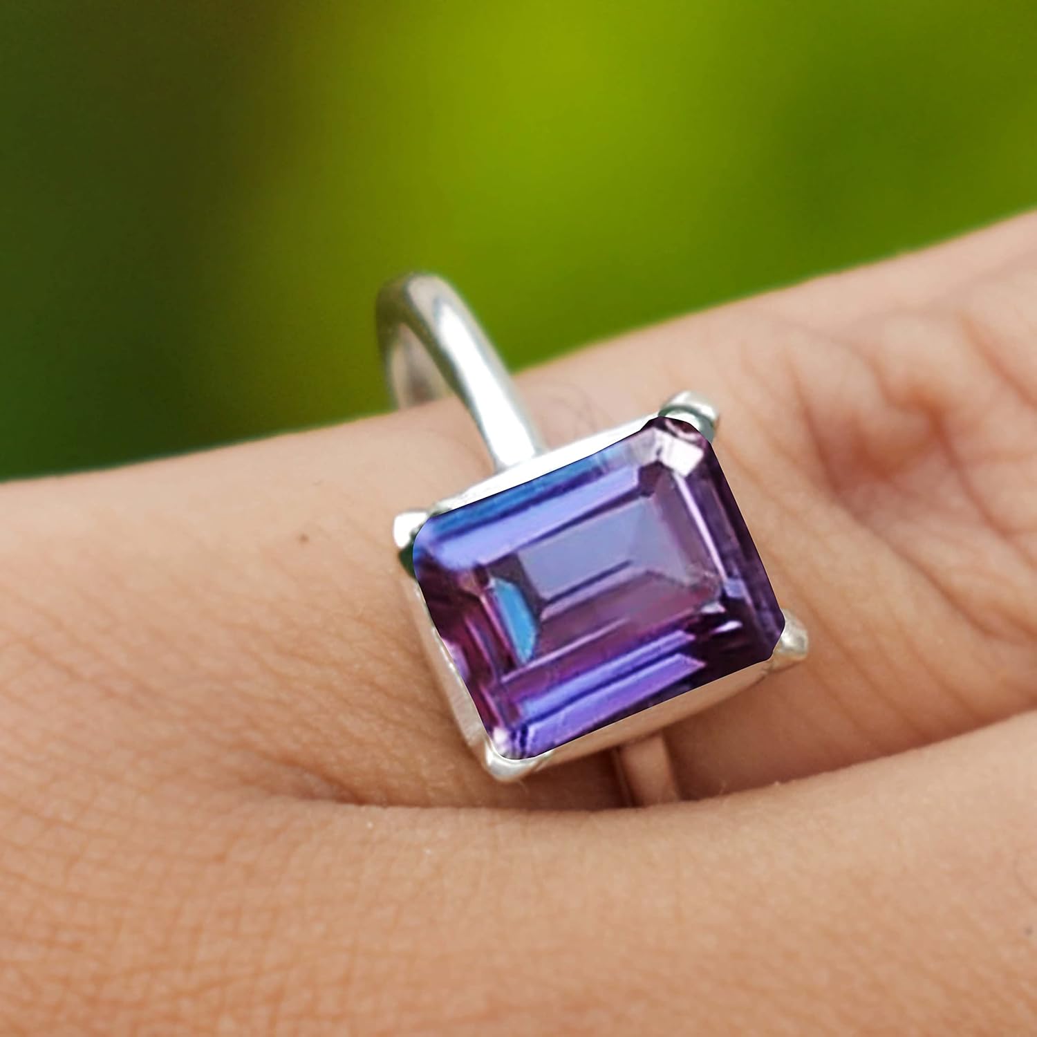 Color Changing Alexandrite Ring Emerald Cut Gemstone Ring Hand Crafted Statement Ring For Women & Girls Wedding Anniversary Gift Fine Jewelry Unique Alexandrite Ring