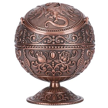 Vintage Ashtray, Bronze Color Globe Shaped Dragon Pattern Zinc Alloy Windproof Ash Stray with Lid for Home Office Decorative Crafts
