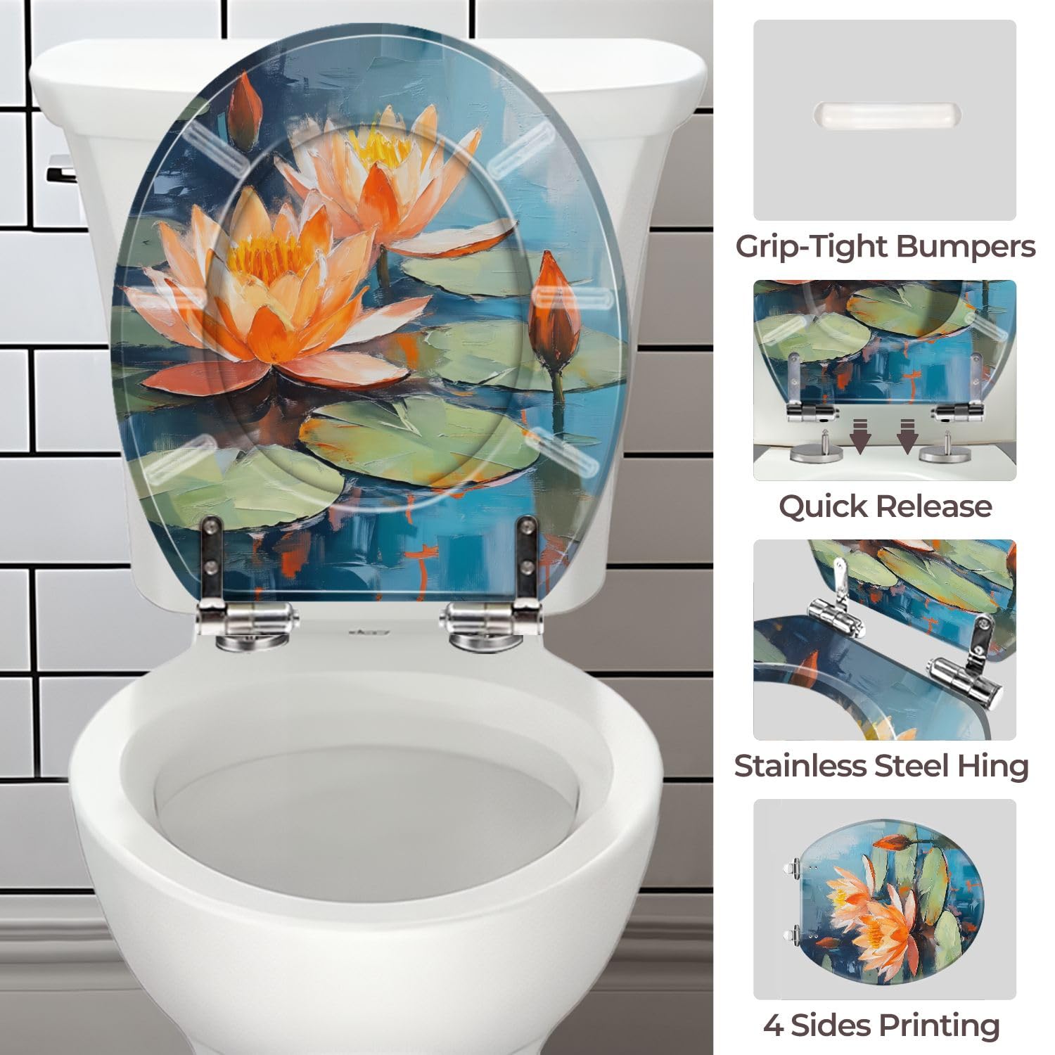 Asiento de inodoro redondo de resina con bisagras de cierre suave para baño.