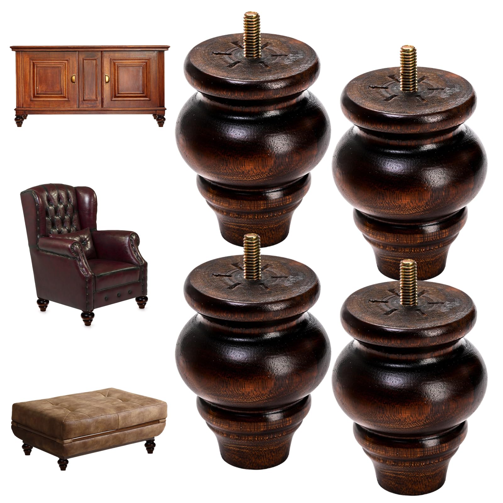 Snapklik.com : Yarlung 4 Pack Wood Furniture Legs, 3.5 Inch Round Brown
