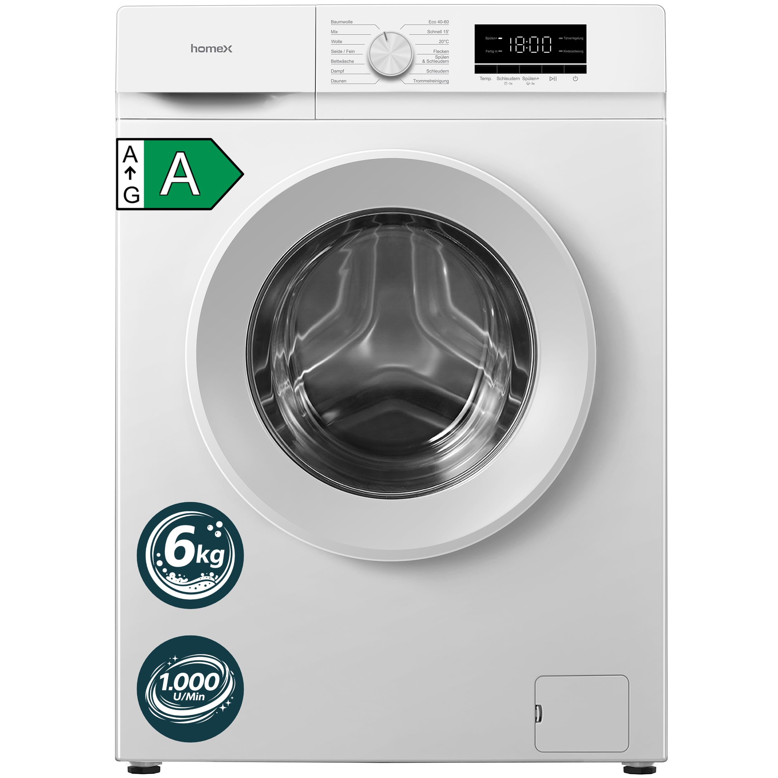 homeX Waschmaschine 6kg Frontlader 1000 U/Min Energieklasse A AquaStop Inverter Motor 14 Programme 74 dB 39 cm Tiefe 90°C weiß WF610K1A-W