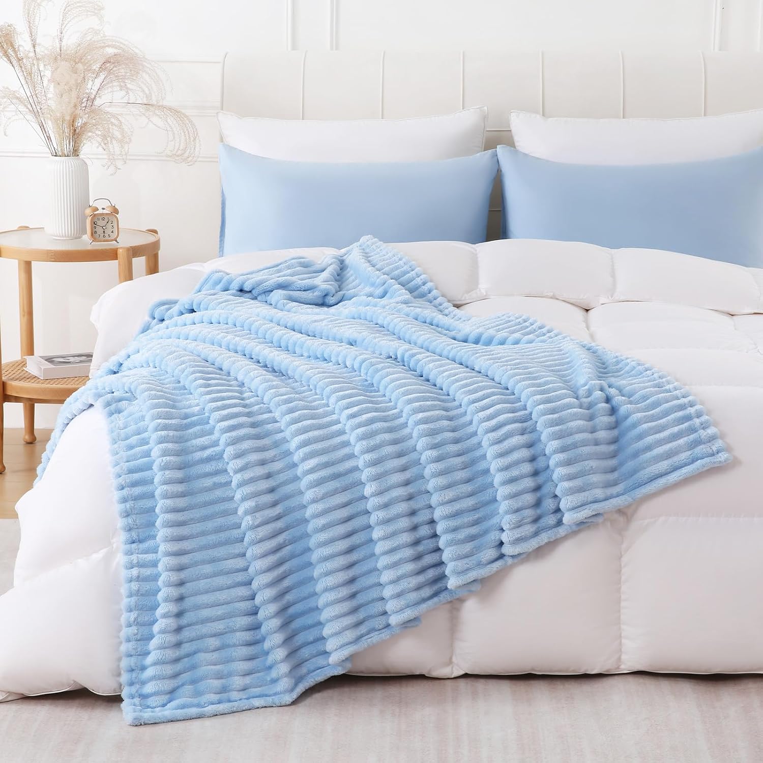 Light Blue Throw Blanket for Couch Sofa 60x80 inches Striped Design | Fleece Blankets Room Home Decor Lightweight Plush Soft Cozy Gifts for Women Mom
