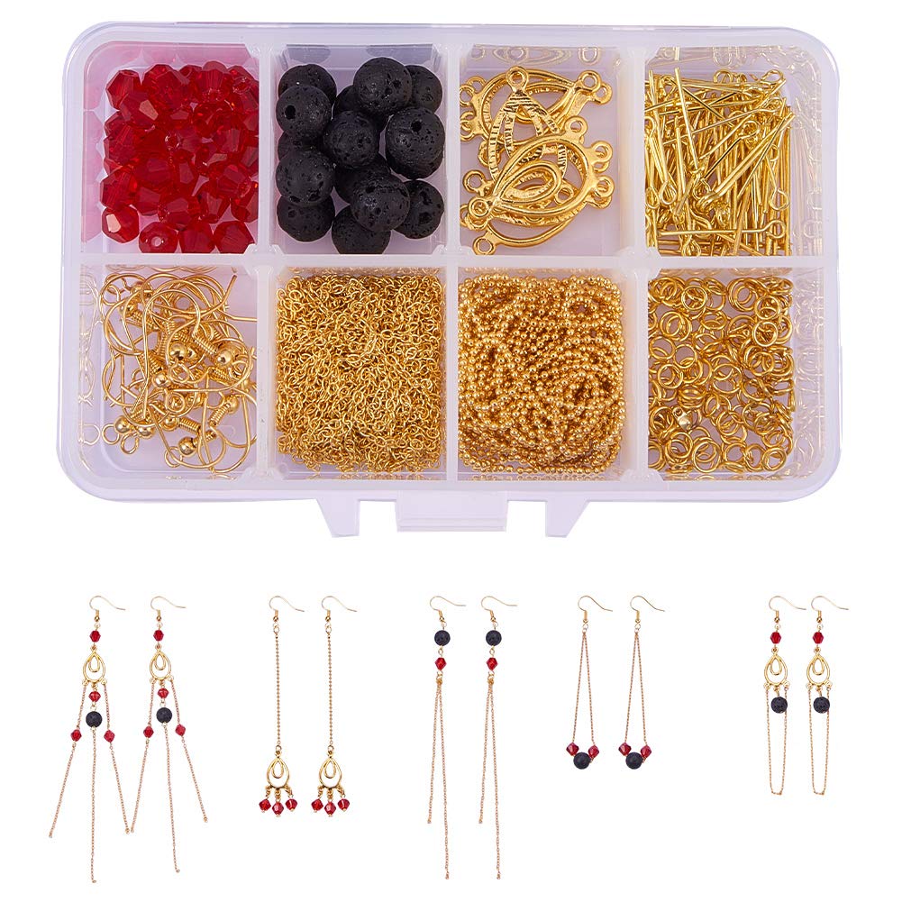 SUNNYCLUE 1 Box DIY 10 Pairs Golden Natural Lava Stone jewellry Making Kits Rock Long Chain Tassel Dangle Drop Earring Making Starter Kit for Beginners