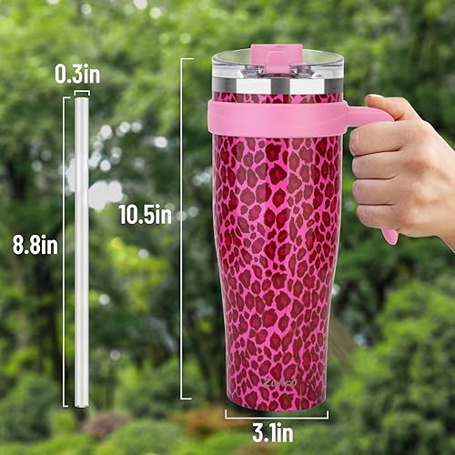 Miniatura 9 de Zukro Vaso de 50 onzas con asa y popote abatible, vaso grande de acero inoxidable aislado con tapa 2 en 1, a prueba de fugas, sin sudor, cabe en el