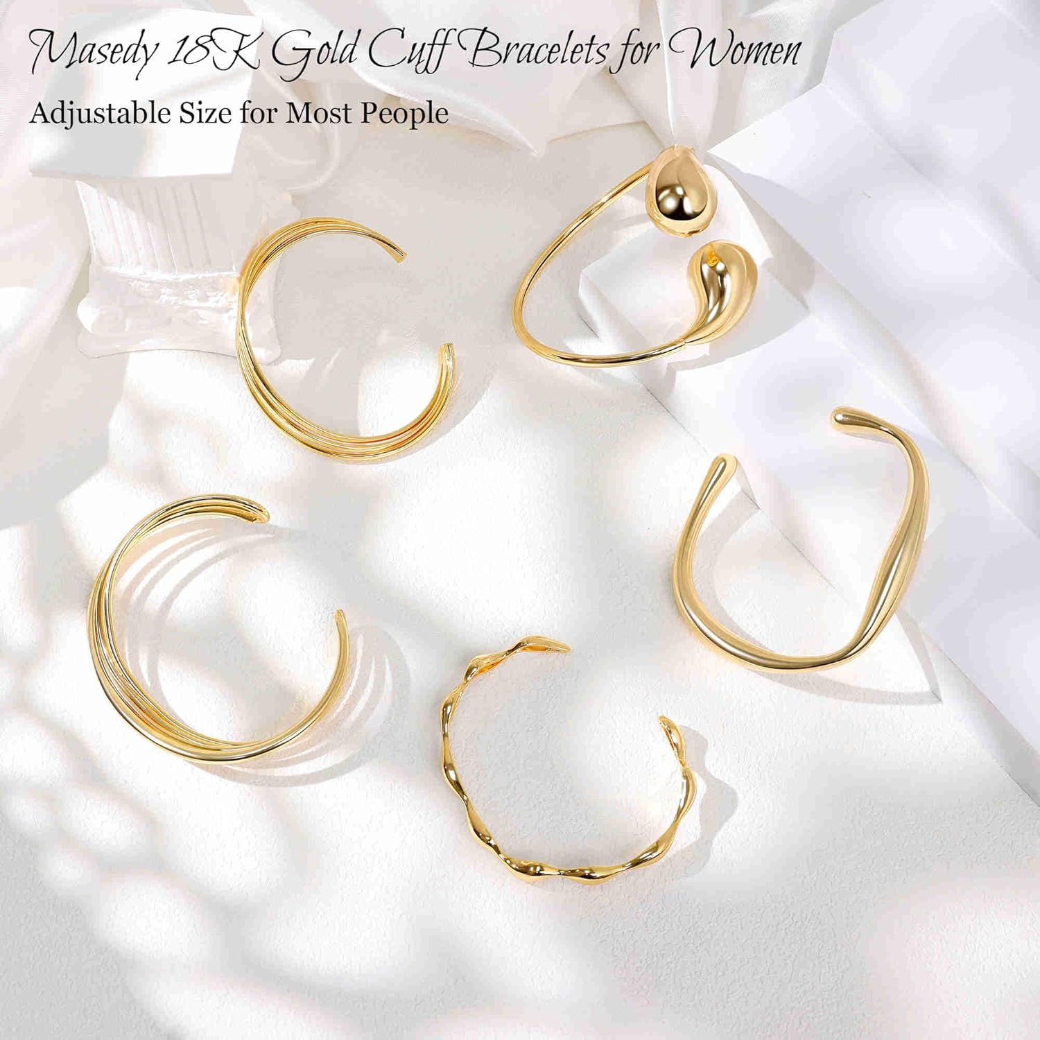 18K Gold Plated Cuff Bracelets for Women Adjustable Open Bangle Bracelet Gold Minimalist Teardrop Irregular Hollow Multi-Layer Wrist Cuff Bracelet Trendy Jewelry - Image 3