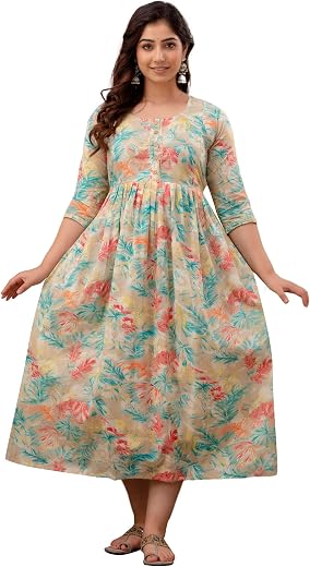 GOPI RAJU Women's Pure Cotton All Over Printed Maternity Gown Feeding Nighty A line Feeding Dress Kurti Gown