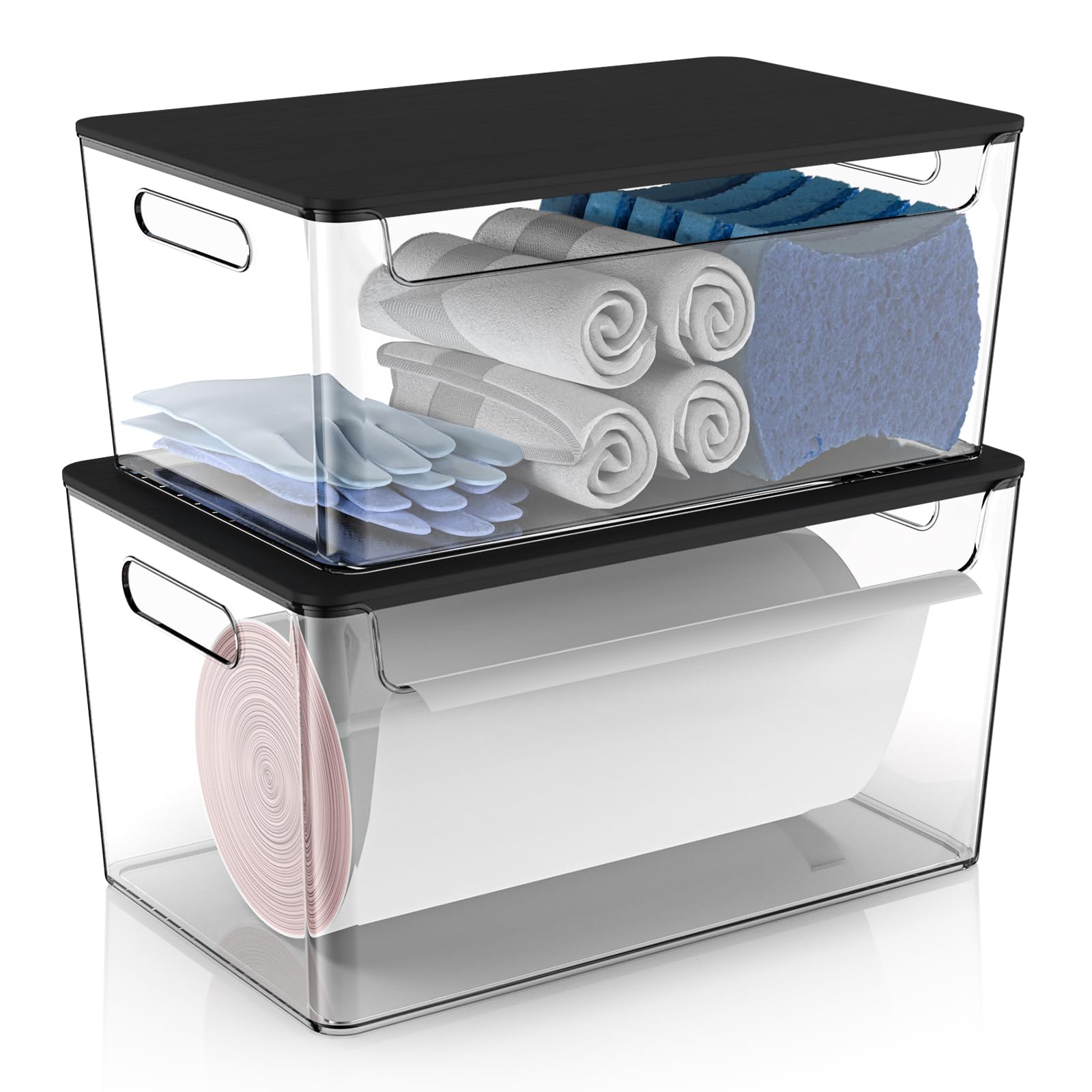 COAZEX 2 Pack Trash Bag Holder Under Sink Stackable, Plastic Garbage Bag Dispenser with Lid, Trash Bag Storage Dispenser Roll Holder for Kitchen, Pantry, Laundry Room Organization (Black Lid)