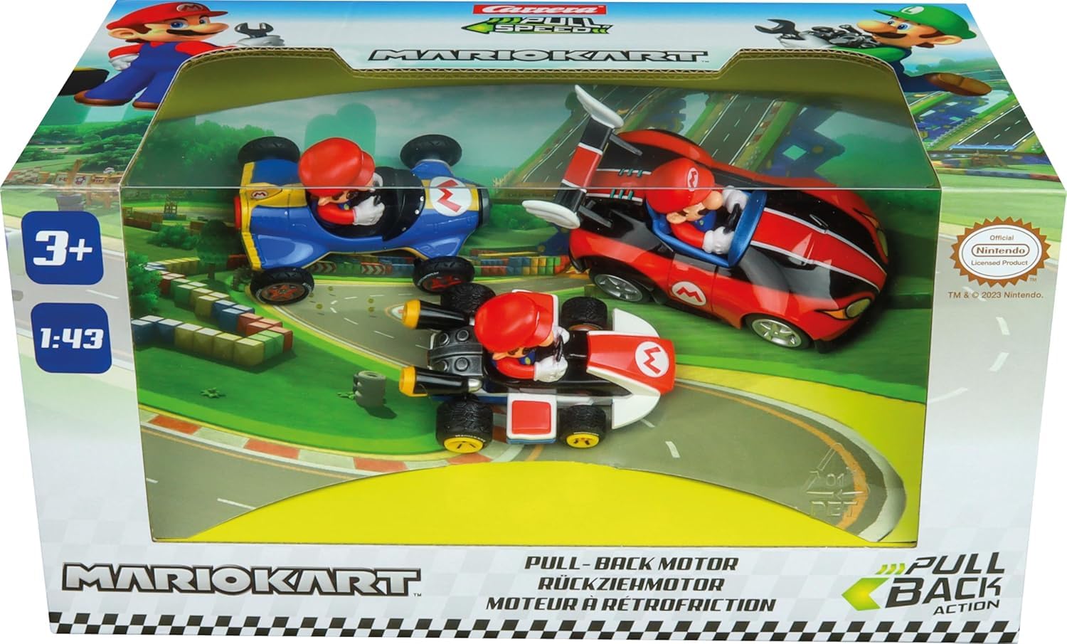 Pull & SPEED Carrera Mario Kart - Mario 3 Pack Vehicles with Pull-Back Motor, Scale 1:43, Includes Mario Kart Classic, Mach 8 Kart and Wild Wing Kart, from 3 Years