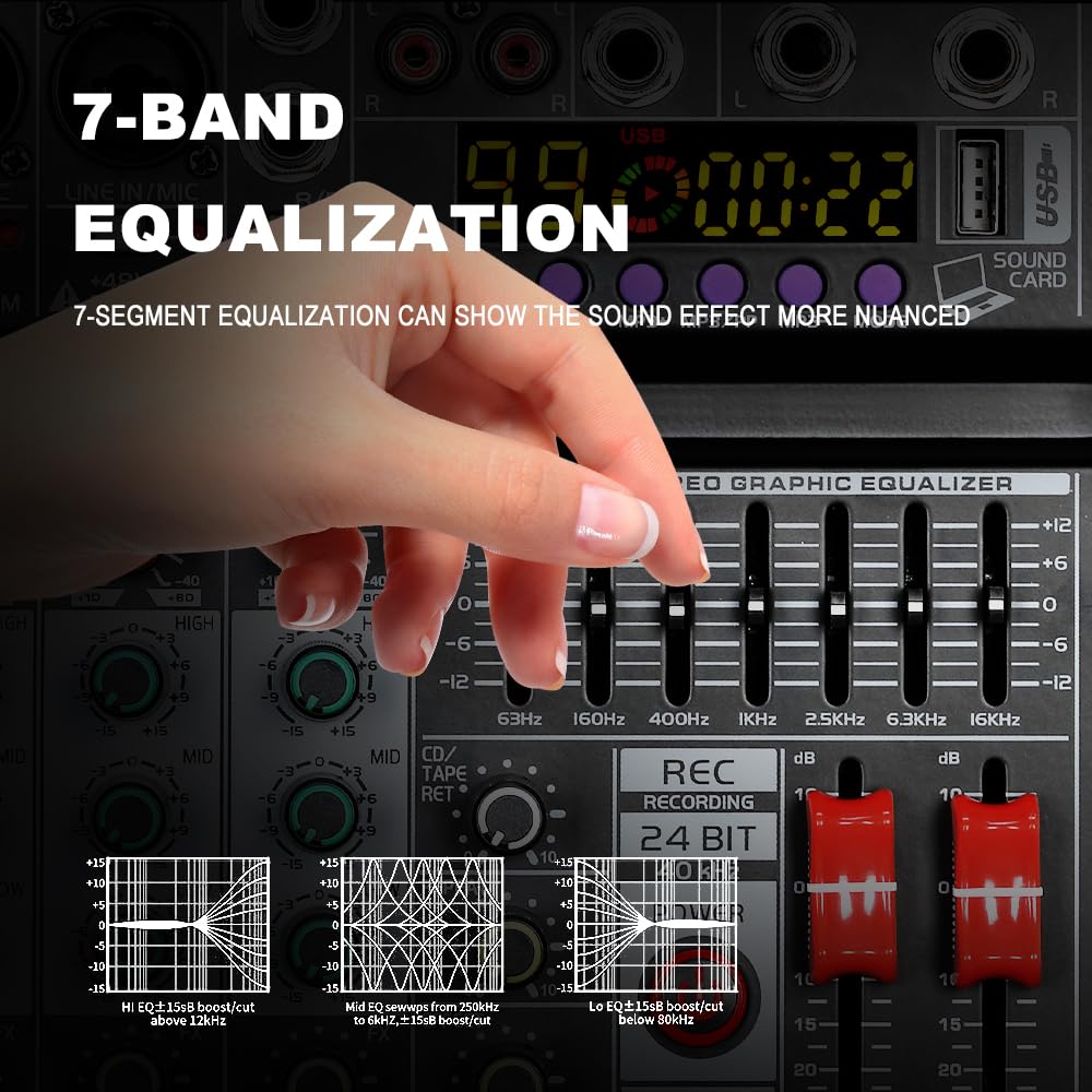 BOMGE Mixeur audio DJ professionnel à 8 canaux, mixeur sonore avec 99 effets DSP/égaliseur 7 bandes/clé USB/Bluetooth/ordinateur/fantôme 48 V pour enregistrement sur PC, karaoké, studio de streaming