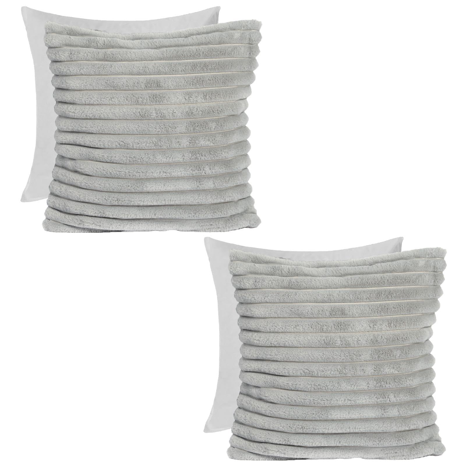Ohs Grey Faux Fur Ribbed Cushions With Covers Included, Throw Pillow Filler Cushion Inserts Sofa Seat Cushions Thick Soft Comfy Living Room Scatter Cushion Pads, Pack Of 2