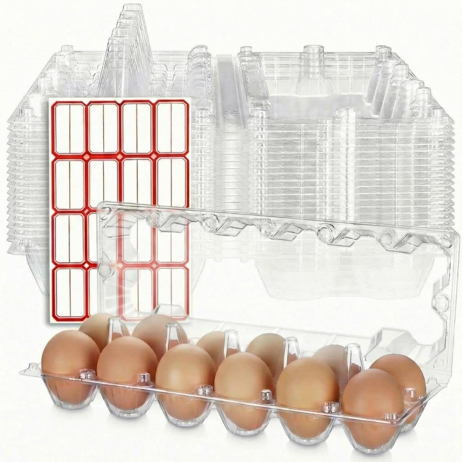 Kunststoff-Eierkarton, 12 Fächer, transparent, mit Aufkleber-Etiketten, wiederverwendbarer Halter, leerer Behälter für Kühlschrank, Lagerung, Familie, Bauernhof, Markt (30 x 9,9 x 6,6 cm)