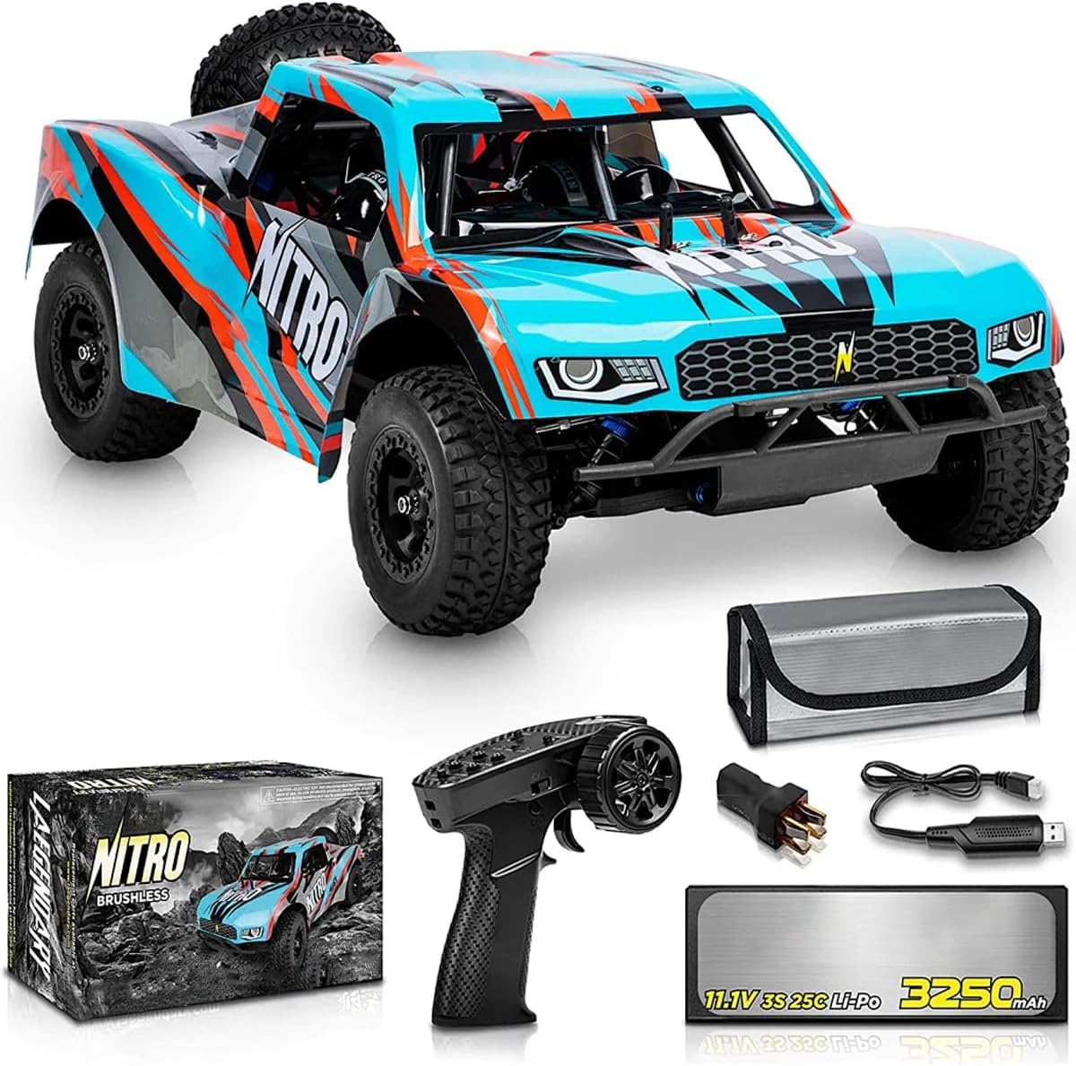 1/8 Scale Brushless RC Cars for Adults，Max 40mph Electric Off-Road Monster Truck,Waterproof High Speed RC Car 4WD Remote Control Car with 3S Lipo 30+ Min Play, All Terrain