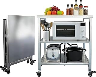 3 Ebenen klappbare Servierwagen Edelstahl, Küchenwagen Regal mit Feststellbremse Rollen, Küchenwagen mit Stauraum, für Küche, Garten, Vielseitiger Allzweckwagen für kleine Räume, 60x45x80cm