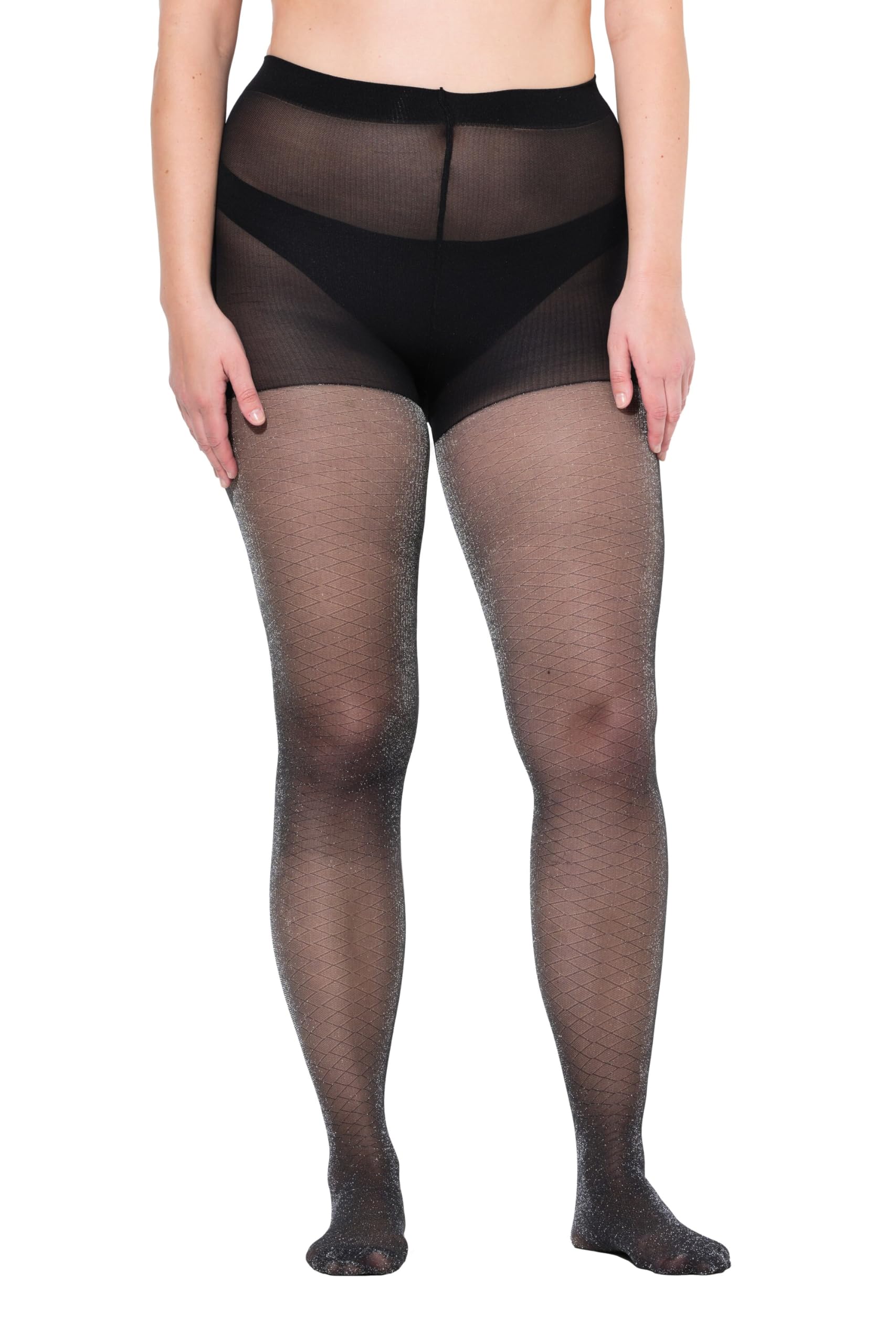 Ulla Popken Damen große Größen Übergrößen Plus Size Strumpfhose, Rauten, Glitter 842306