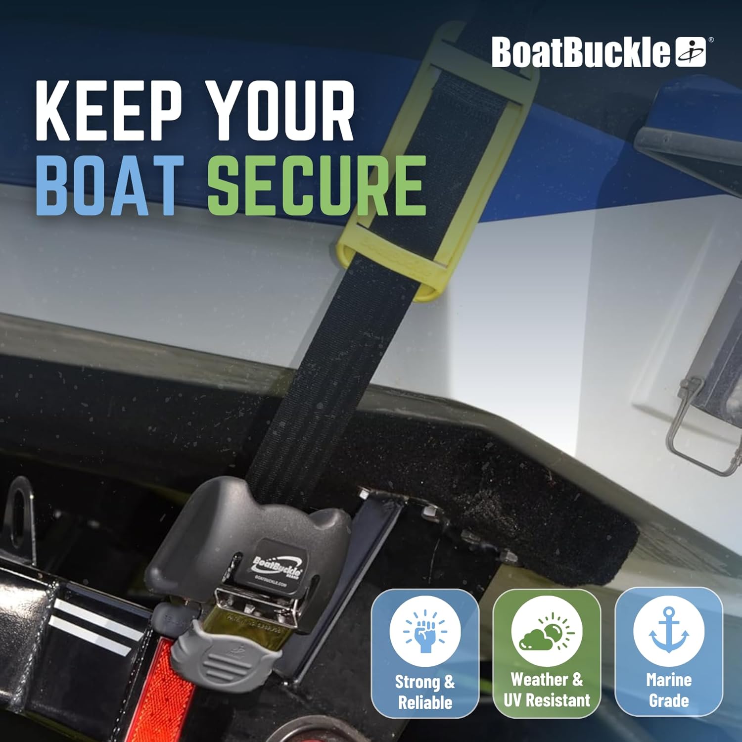 BoatBuckle G2 Retractable Transom Tie-Down Straps (2 x 43-Inch, 2-Pack) with 2,500 lbs Break Strength and Medium Boat Pads (2-Pack)