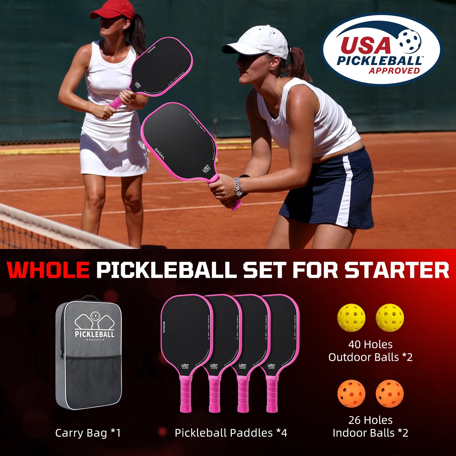 BAGAIL Juego de Paletas de Pickleball, Raquetas de Pickle Ball con 4 Pelotas de Pickleball, Ligeras, Alta Absorción de Impactos, Ergonómicas, Adecuadas para Juegos de Pelotas de Todos los Niveles — view 8