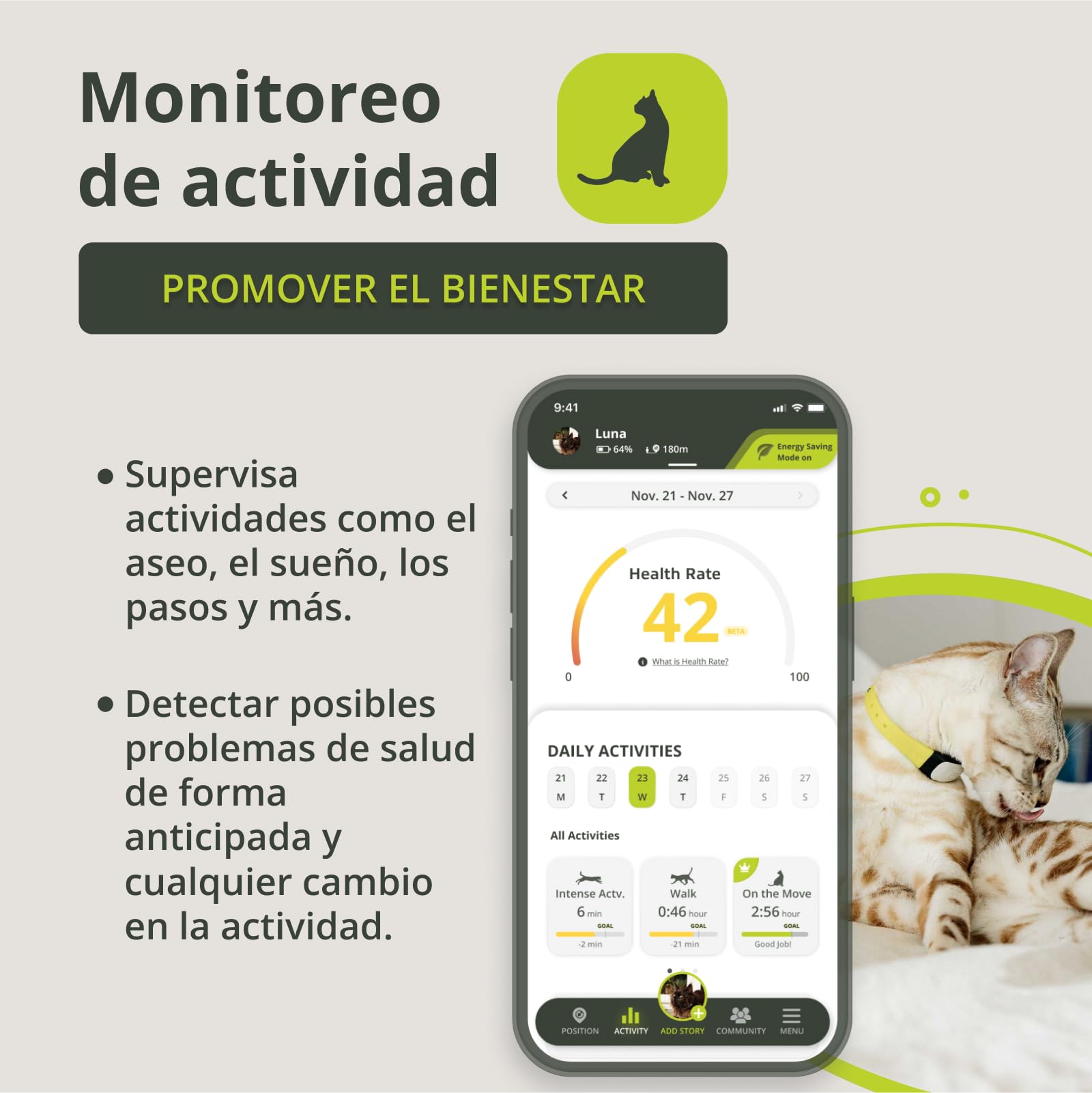 KIPPY - Collar gps para Gatos Cat Color - Rastreador de Salud y Actividad - Localizador GPS con Fronteras Virtuales - Alerta Instantánea