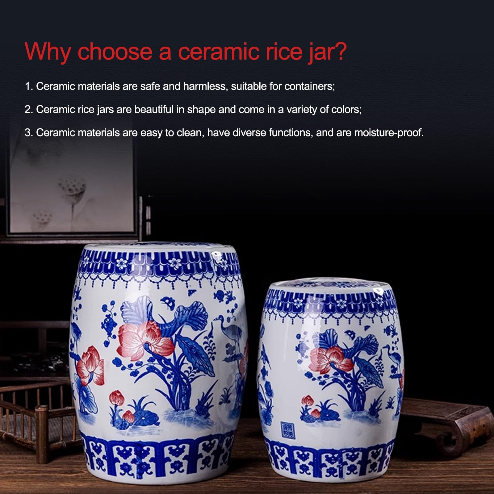 Grain Storage Ceramic Blue And White Porcelain Rice Storage Jar - 15kg ...