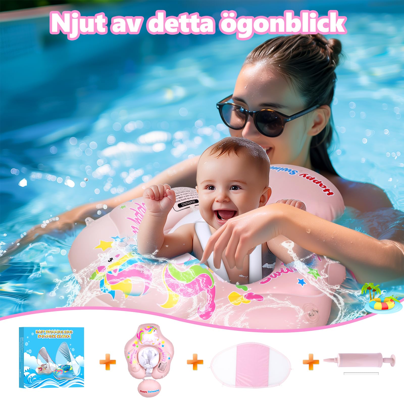 Salvagente Neonato con Parasole, Piscina Neonato 6-36 Mesi Salvagente con Mutandina Rimovibile Caratteristiche Antiribaltamento Baby Pool Float UPF50+ Protezione UV