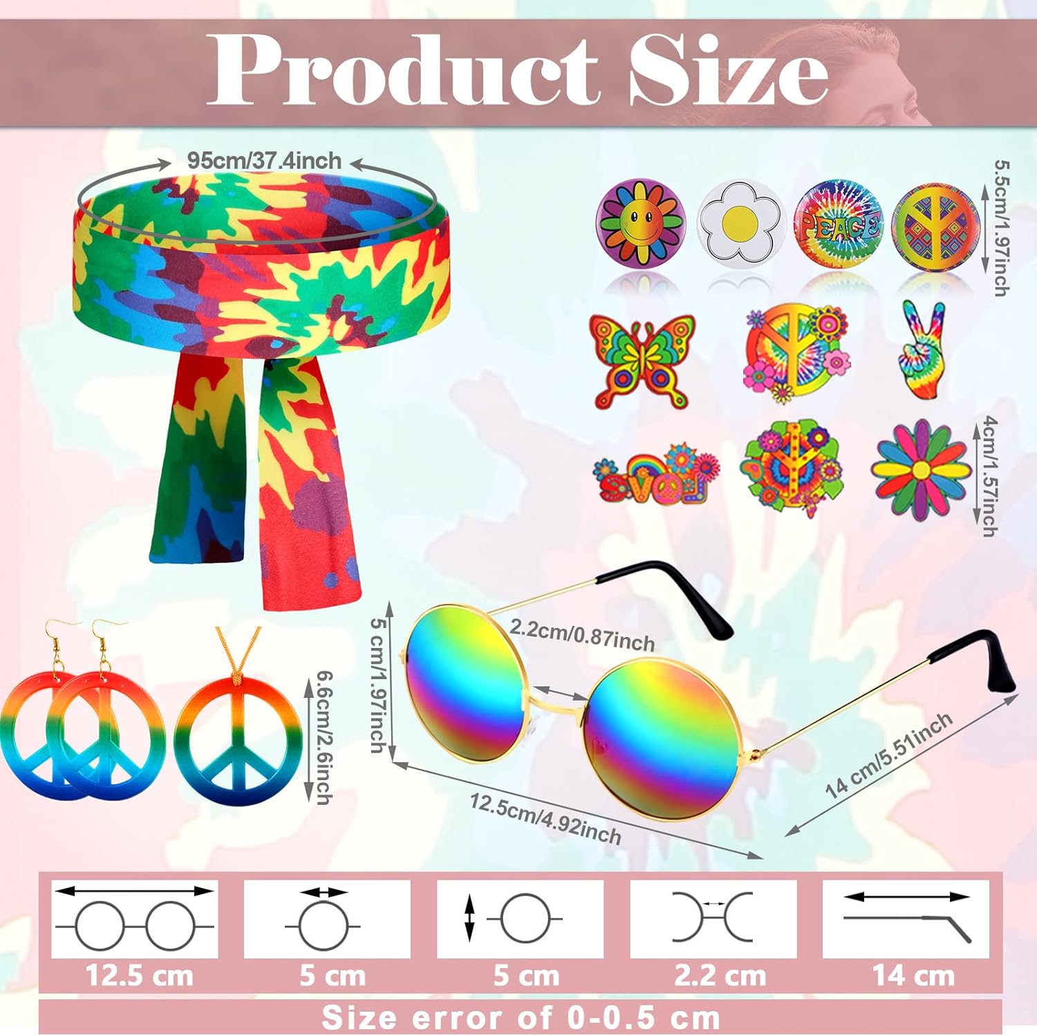 Jiuguva 17Pcs 60s 70s Outfits for Women Hippie Costume Set Disco Outfit Dress Boho Flared Pants Hippie Shirt Headband - Image 2