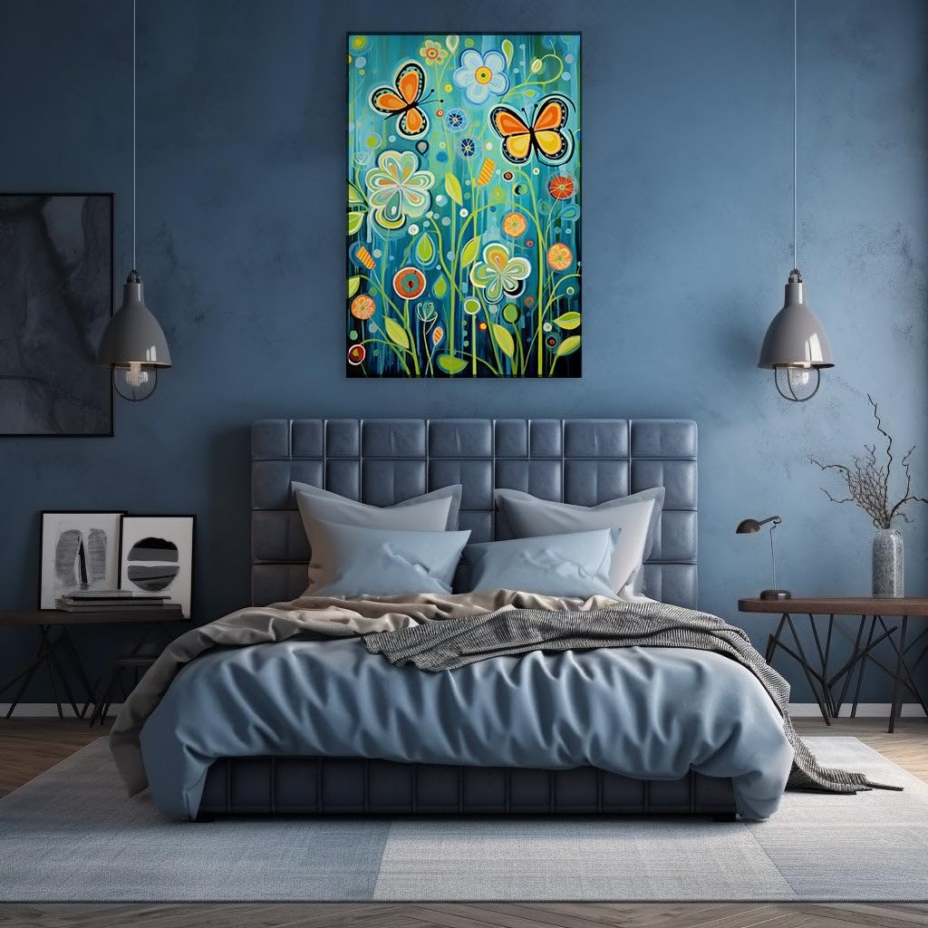 Art Wall: Vibrant Tableau Of Nature's Beauty With Flowers And Butterflies Over Soothing Blue. Interior Decor, Canvas Art Design, Art Apartment Decoration. Size: 69x46 cm (27x18 inch)