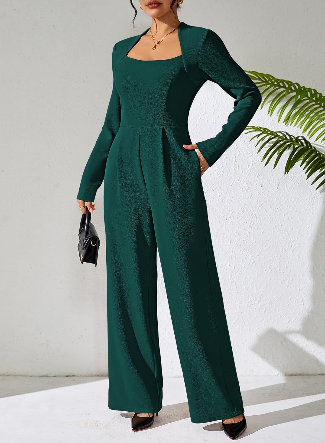 Pink Queen Jumpsuits for Women Dressy Scoop Neck Long Sleeve Wide Leg Romper One Piece Trendy Outfits - Image 3