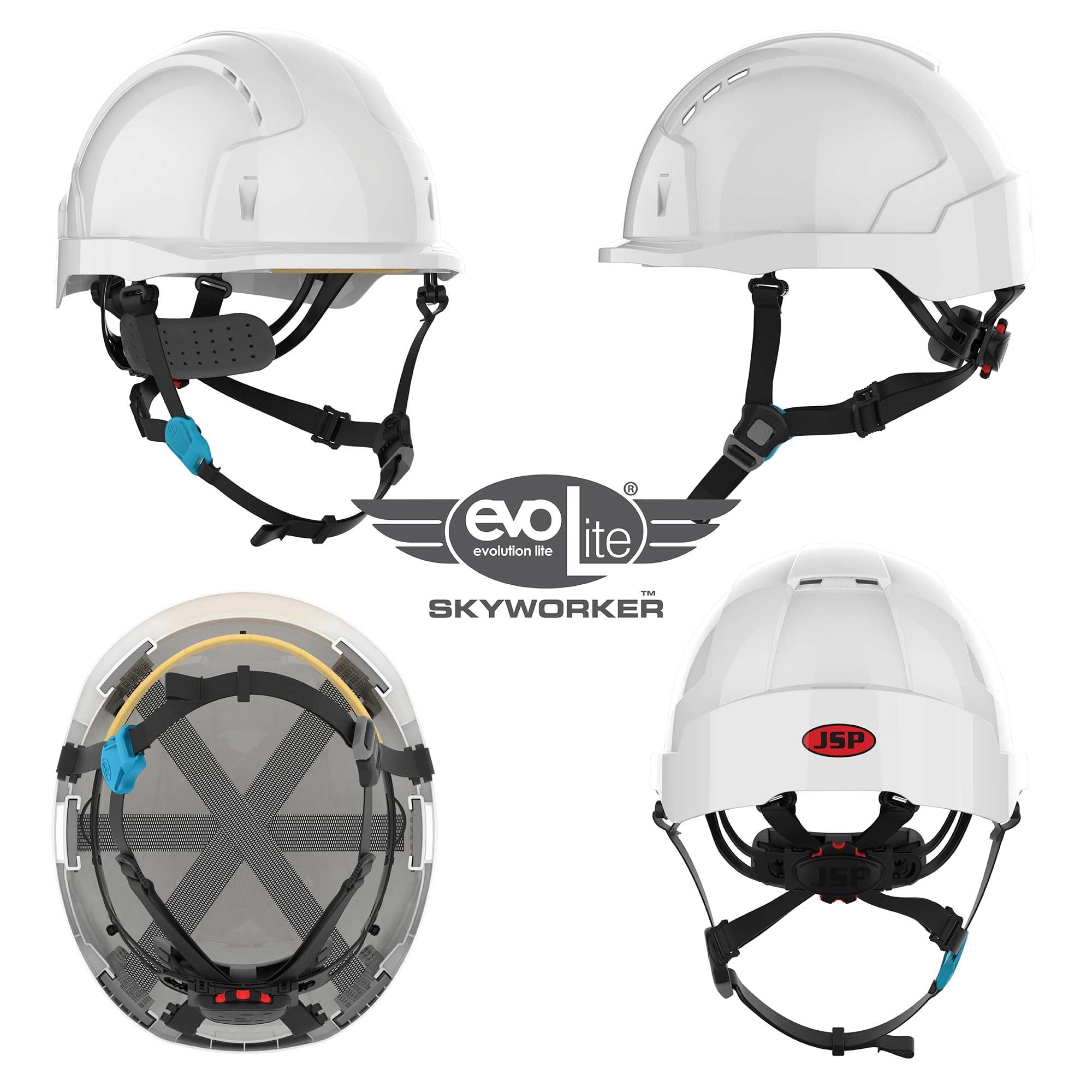 JSP EVOlite Skyworker Casco Obra y Escalada, Ultraligero, Blanco | El casco más ligero de JSP para trabajos en altura. Barbuquejo 4 puntos y rueda. EN 397 & EN 12492.