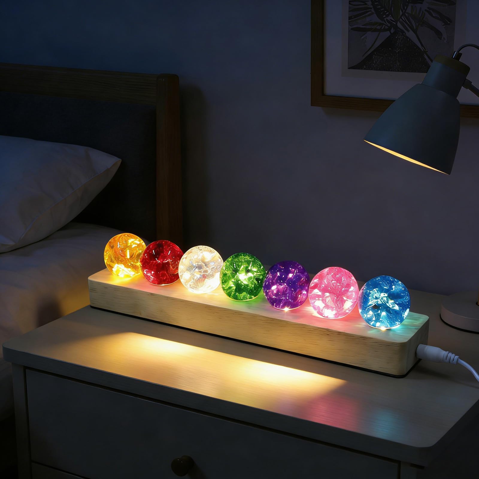 Amosfun Sfera di Vetro Luminosa Colorata con Base LED in Legno, Rosso
