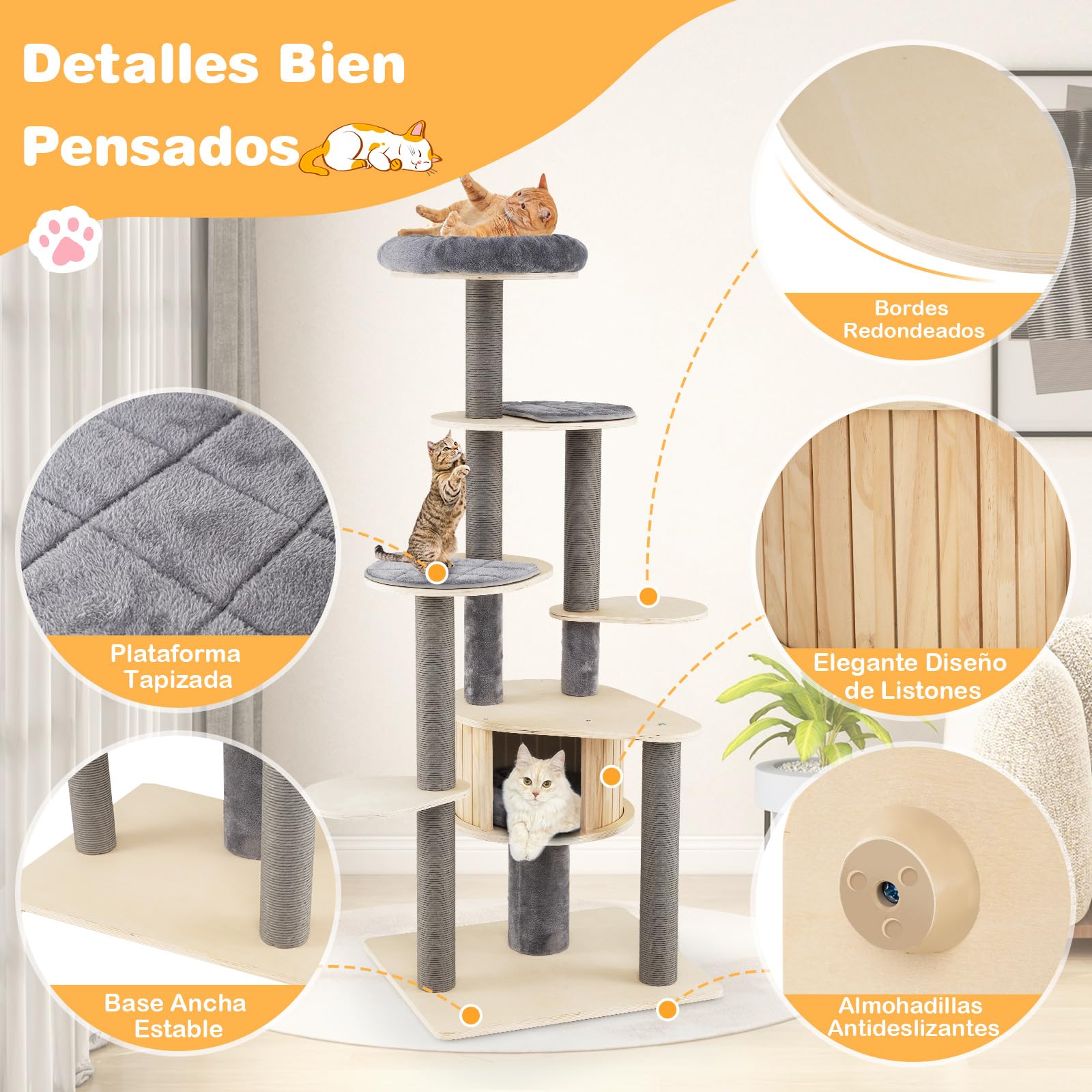 COSTWAY Árbol Rascador para Gatos Grandes de 197 cm, Torre de Escalador para Gatos de Múltiples Niveles con Acolchado Superior, Casa, Alfombrillas Desmontables, Postes para Rascar, Base Estable, Gris