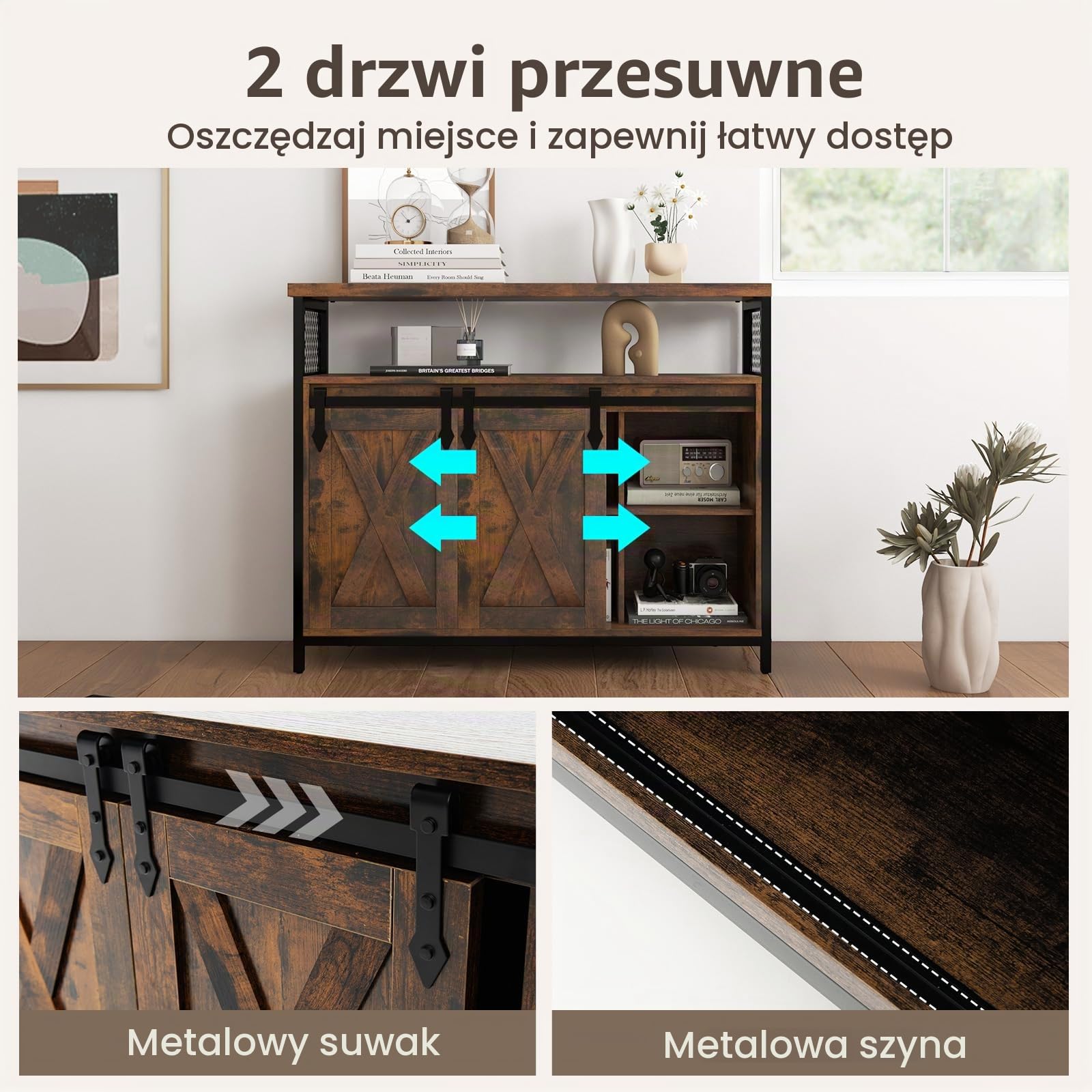 COSTWAY Kredens, szafka kuchenna z 2 drzwiami przesuwnymi i 3-stopniowymi regulowanymi półkami i otwartymi półkami, drewniana komoda do kuchni, jadalni, salonu, przedpokoju, 100 x 33 x 80 cm